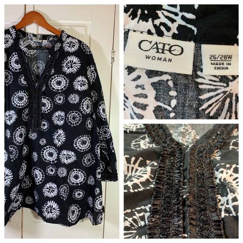 Cato Blouse‎ Shirt Womens Plus Sz 26/28W B&W Floral Sequin Peasant Cottage Top